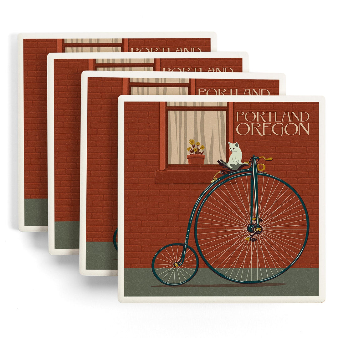 Portland, Oregon, Bicycle & Cat Letterpress, Lantern Press Artwork, Coaster Set Coasters Lantern Press 