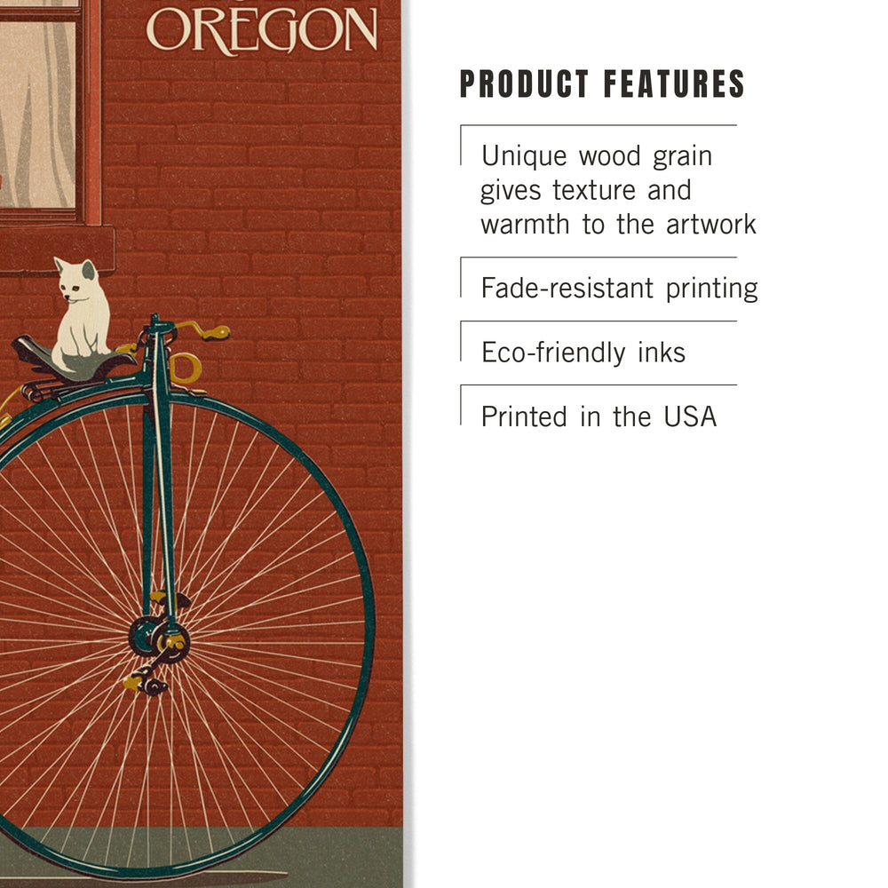 Portland, Oregon, Bicycle & Cat Letterpress, Lantern Press Artwork, Wood Signs and Postcards Wood Lantern Press 