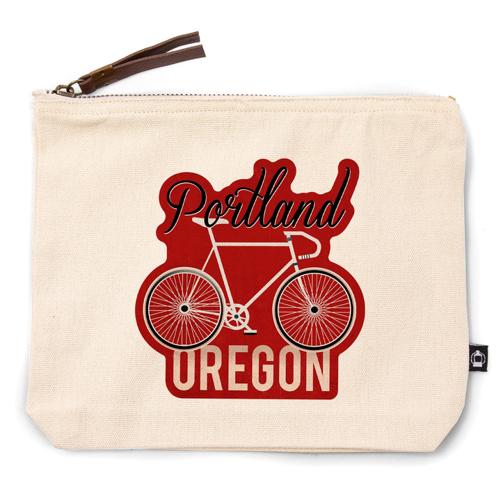 Portland, Oregon, Bike, Script Screenprint Style,, Organic Cotton Zipper Pouch, Go Bag Go Bag Lantern Press 