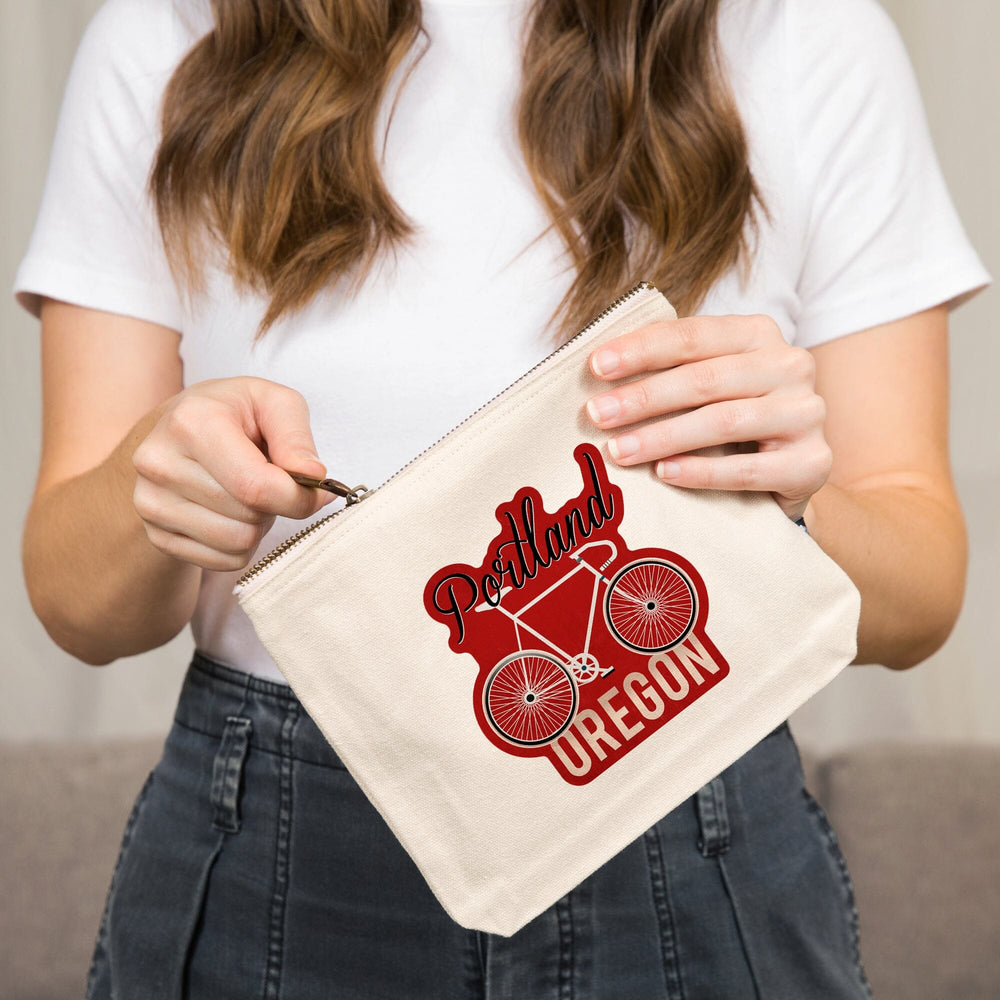 Portland, Oregon, Bike, Script Screenprint Style,, Organic Cotton Zipper Pouch, Go Bag Go Bag Lantern Press 