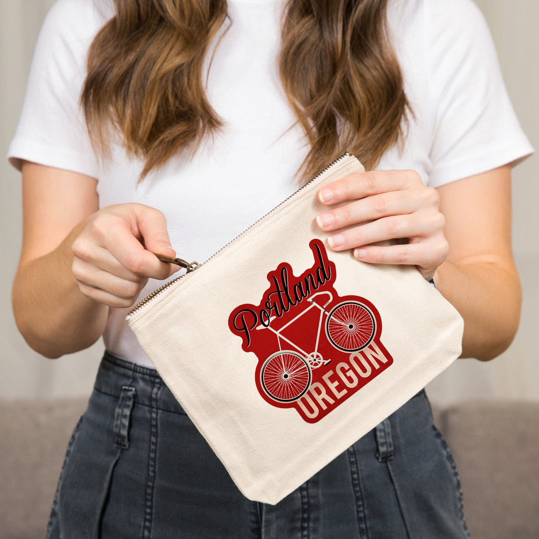 Portland, Oregon, Bike, Script Screenprint Style,, Organic Cotton Zipper Pouch, Go Bag Go Bag Lantern Press 