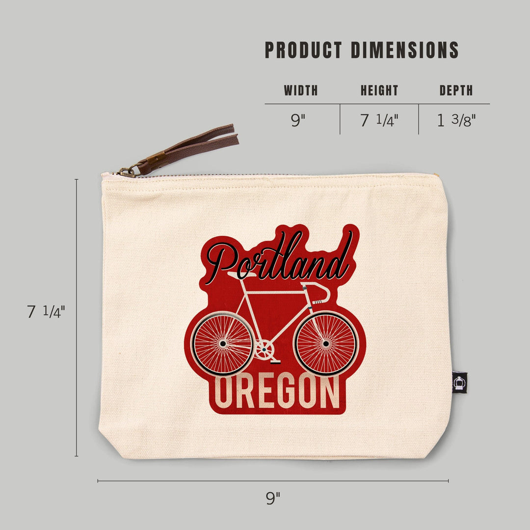 Portland, Oregon, Bike, Script Screenprint Style,, Organic Cotton Zipper Pouch, Go Bag Go Bag Lantern Press 