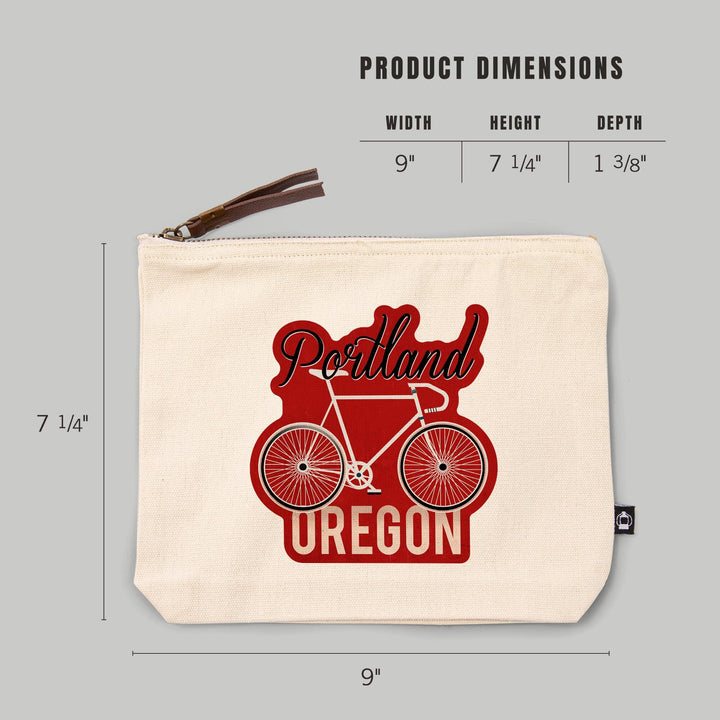 Portland, Oregon, Bike, Script Screenprint Style,, Organic Cotton Zipper Pouch, Go Bag Go Bag Lantern Press 