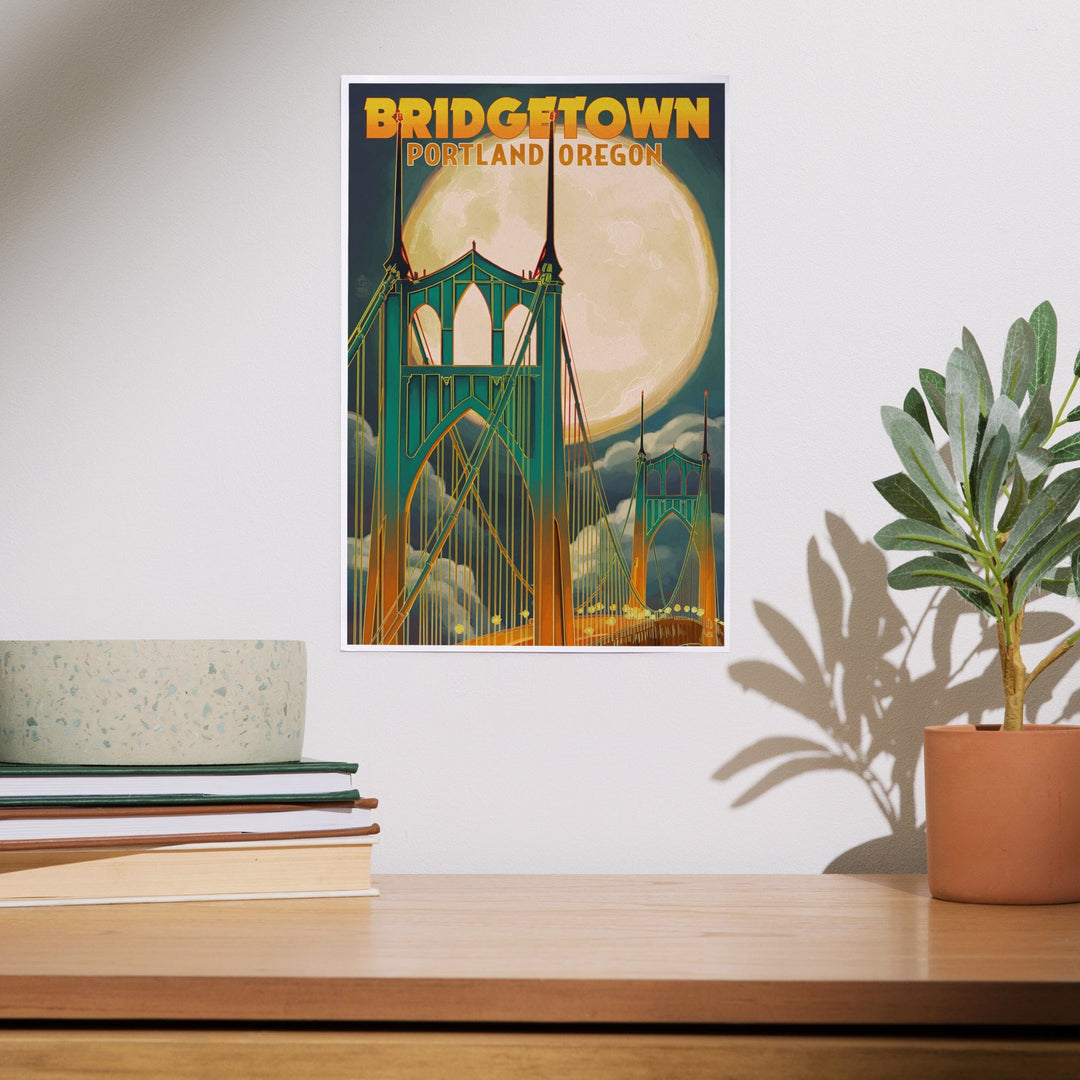 Portland, Oregon, Bridgetown and Full Moon, Art & Giclee Prints Art Lantern Press 