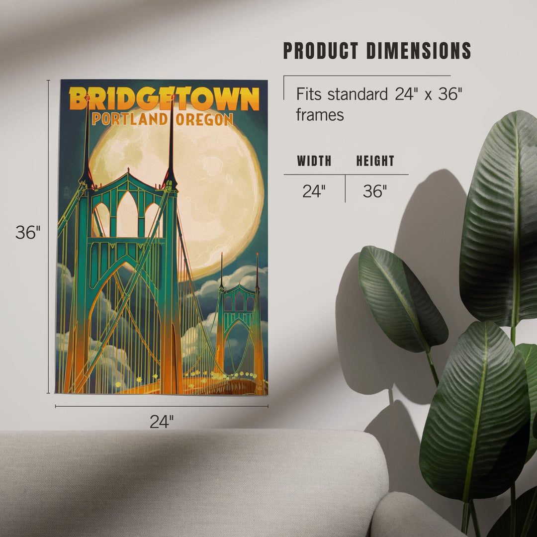 Portland, Oregon, Bridgetown and Full Moon, Art & Giclee Prints Art Lantern Press 