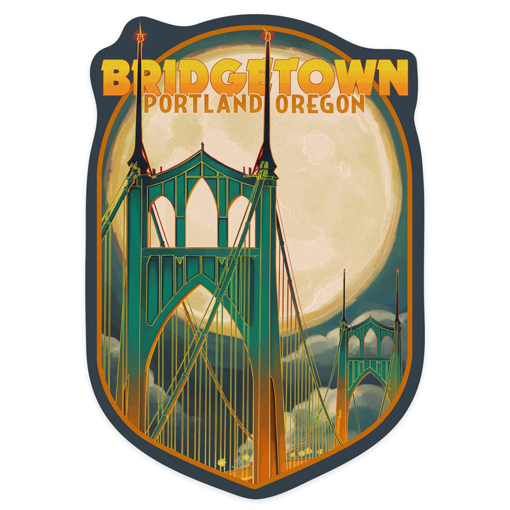 Portland, Oregon, Bridgetown and Full Moon, Contour, Vinyl Sticker Sticker Lantern Press 