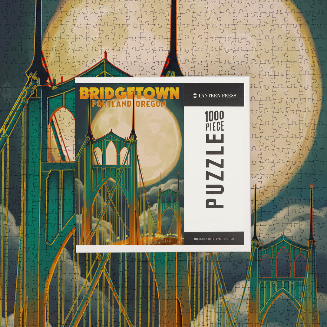 Portland, Oregon, Bridgetown and Full Moon, Jigsaw Puzzle Puzzle Lantern Press 