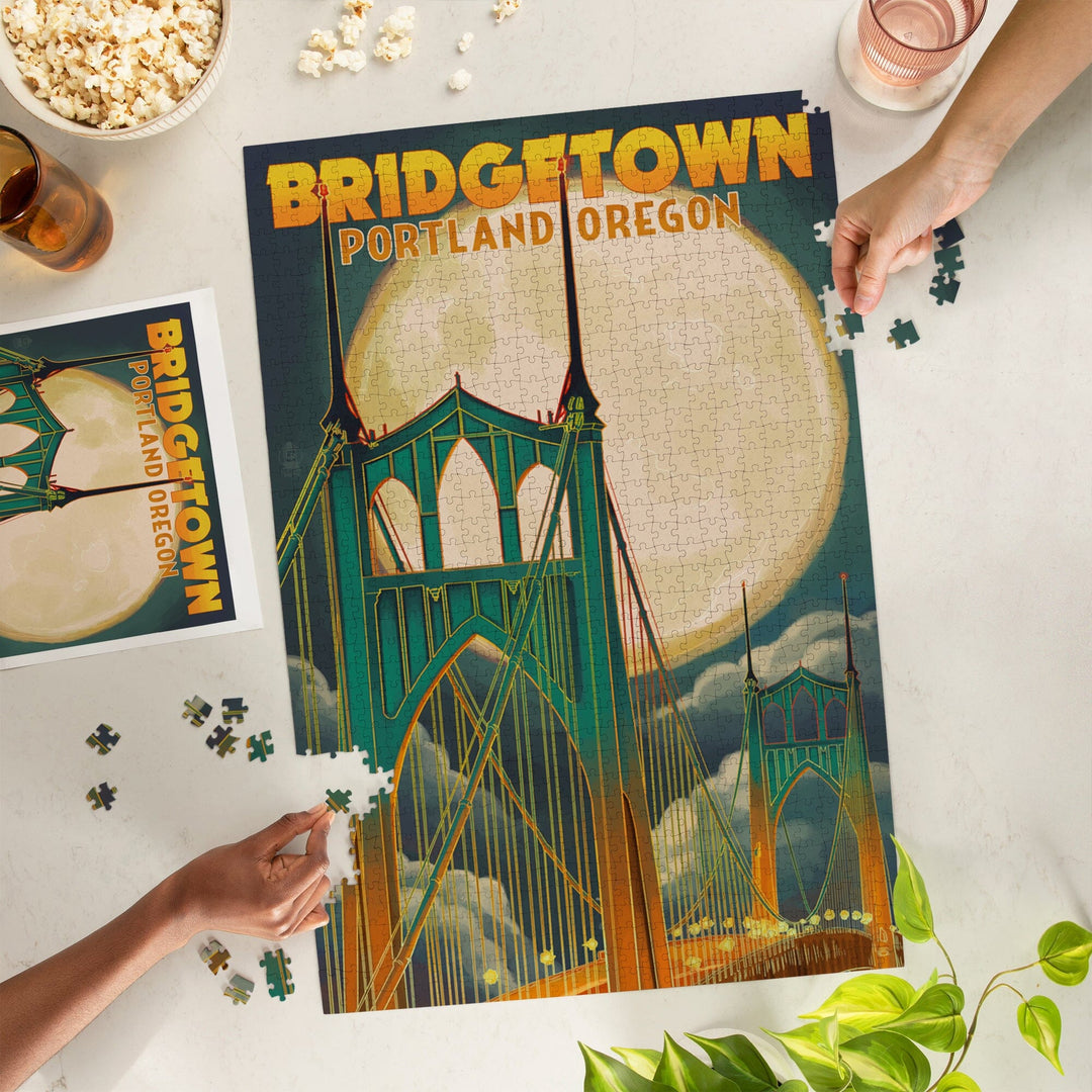 Portland, Oregon, Bridgetown and Full Moon, Jigsaw Puzzle Puzzle Lantern Press 