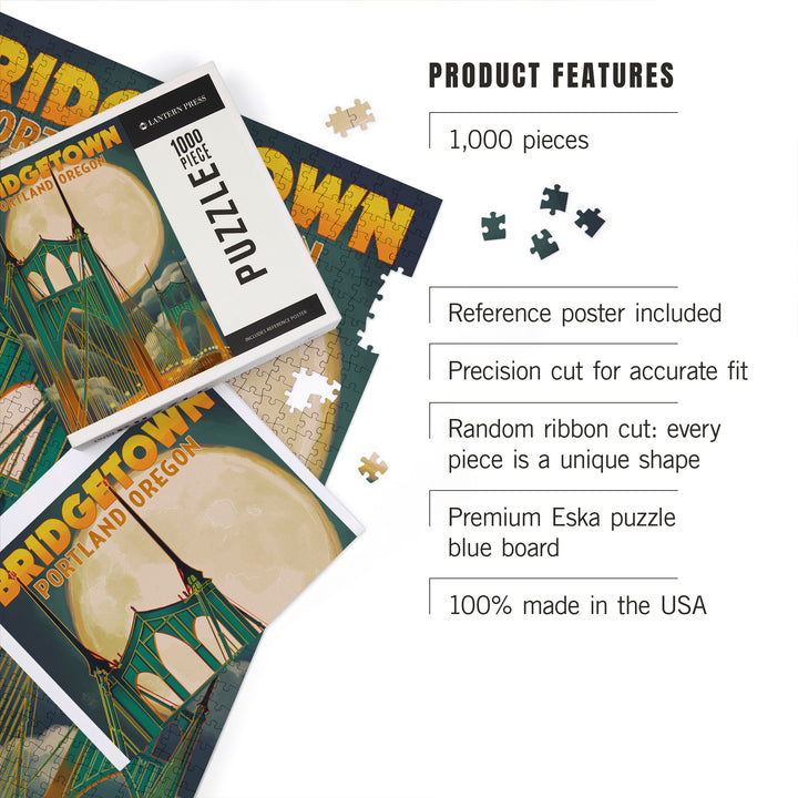 Portland, Oregon, Bridgetown and Full Moon, Jigsaw Puzzle Puzzle Lantern Press 