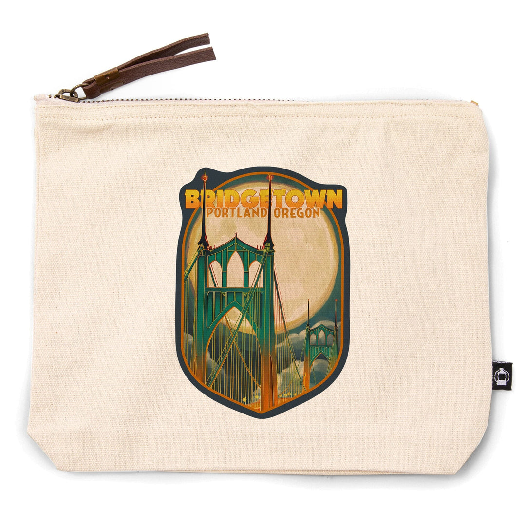 Portland, Oregon, Bridgetown and Full Moon,, Organic Cotton Zipper Pouch, Go Bag Go Bag Lantern Press 