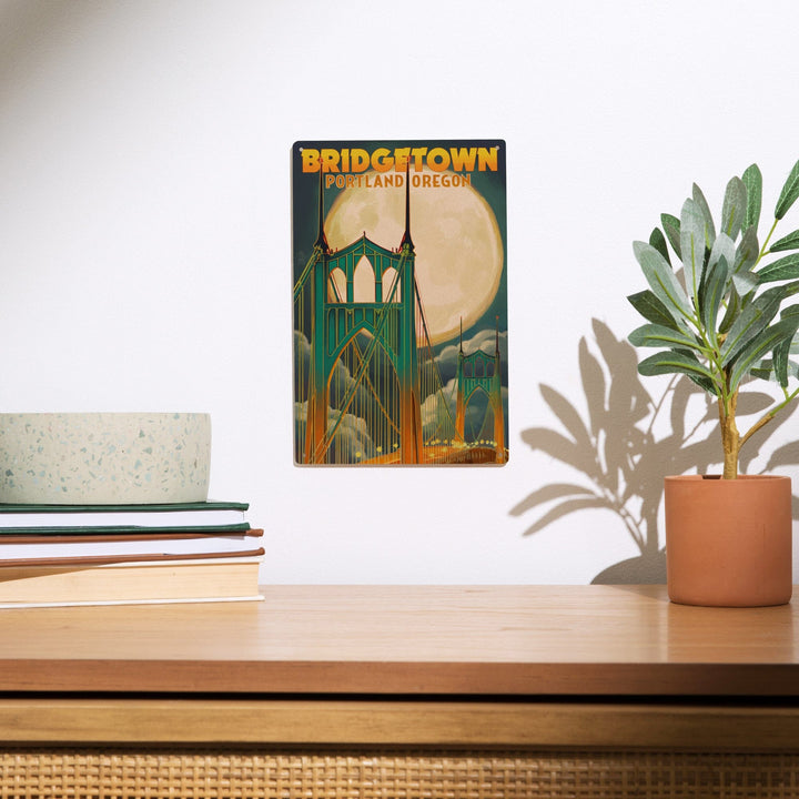 Portland, Oregon, Bridgetown & Full Moon, Lantern Press Artwork, Wood Signs and Postcards Wood Lantern Press 