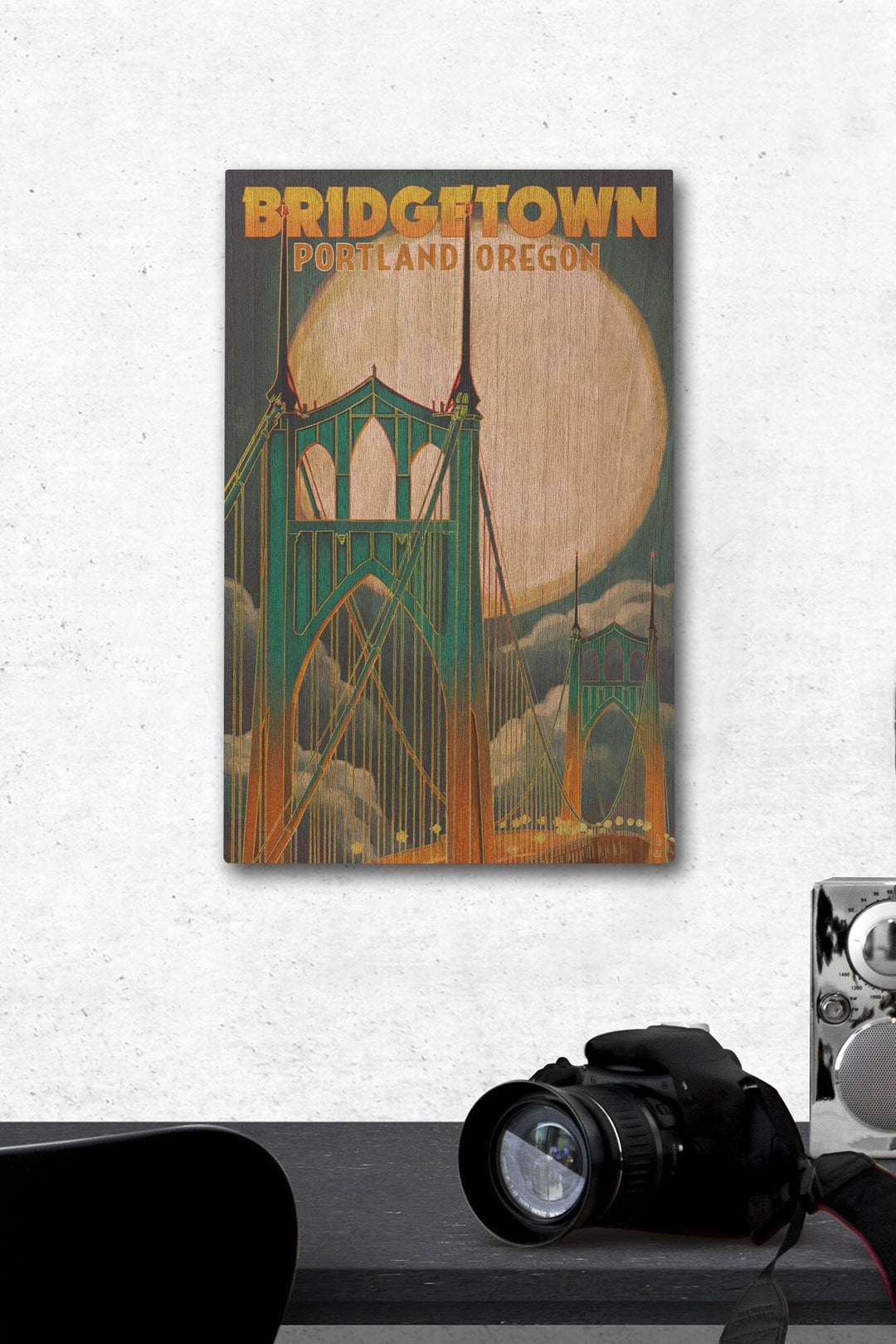 Portland, Oregon, Bridgetown & Full Moon, Lantern Press Artwork, Wood Signs and Postcards Wood Lantern Press 12 x 18 Wood Gallery Print 