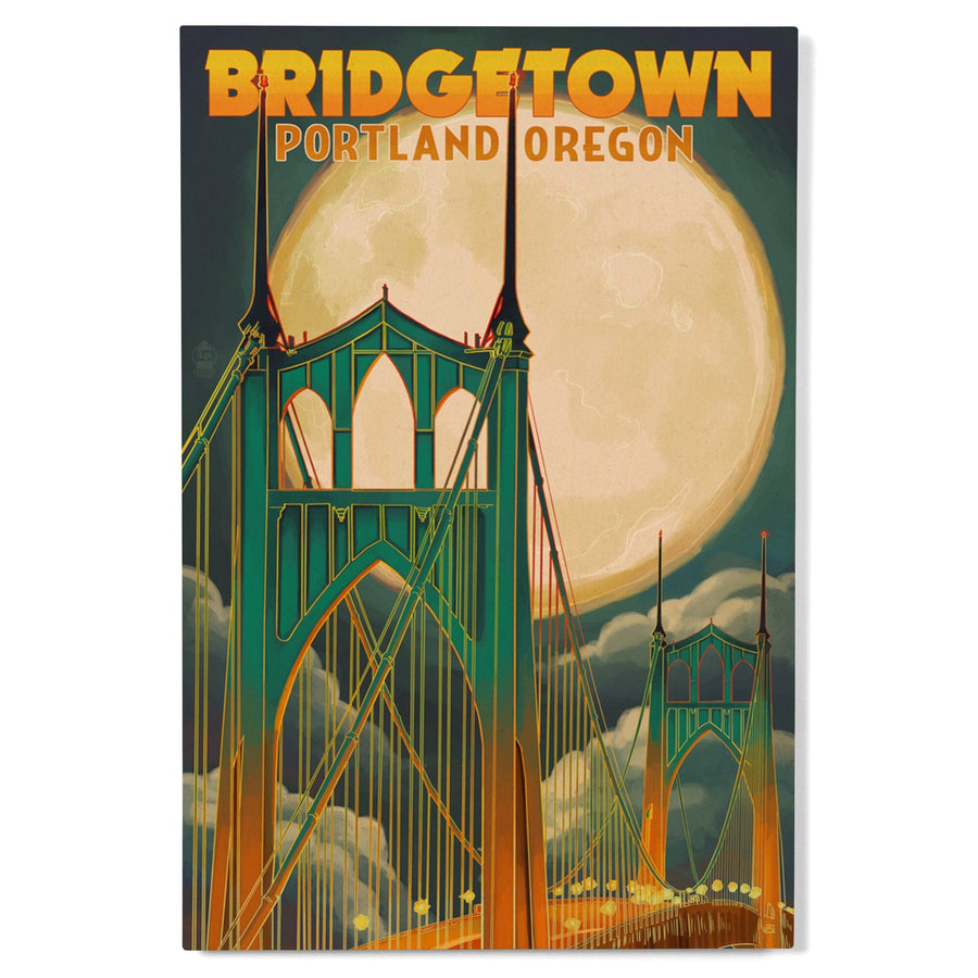 Portland, Oregon, Bridgetown & Full Moon, Lantern Press Artwork, Wood Signs and Postcards Wood Lantern Press 