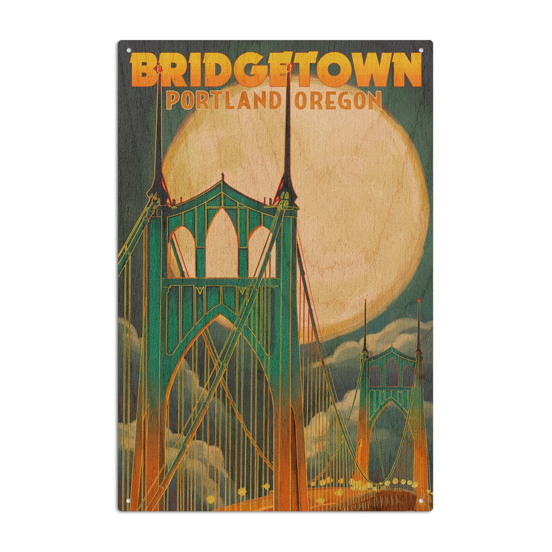 Portland, Oregon, Bridgetown & Full Moon, Lantern Press Artwork, Wood Signs and Postcards Wood Lantern Press 6x9 Wood Sign 
