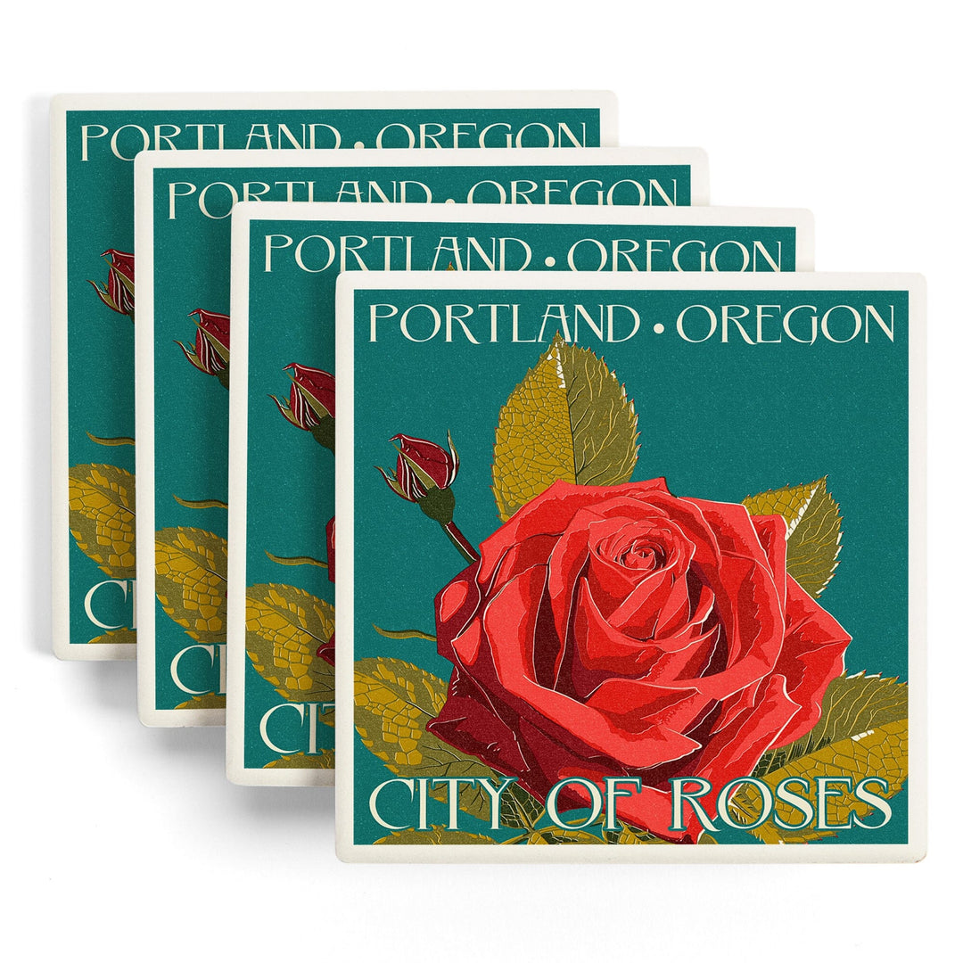 Portland, Oregon, City of Roses, Rose, Letterpress, Lantern Press Artwork, Coaster Set Coasters Lantern Press 