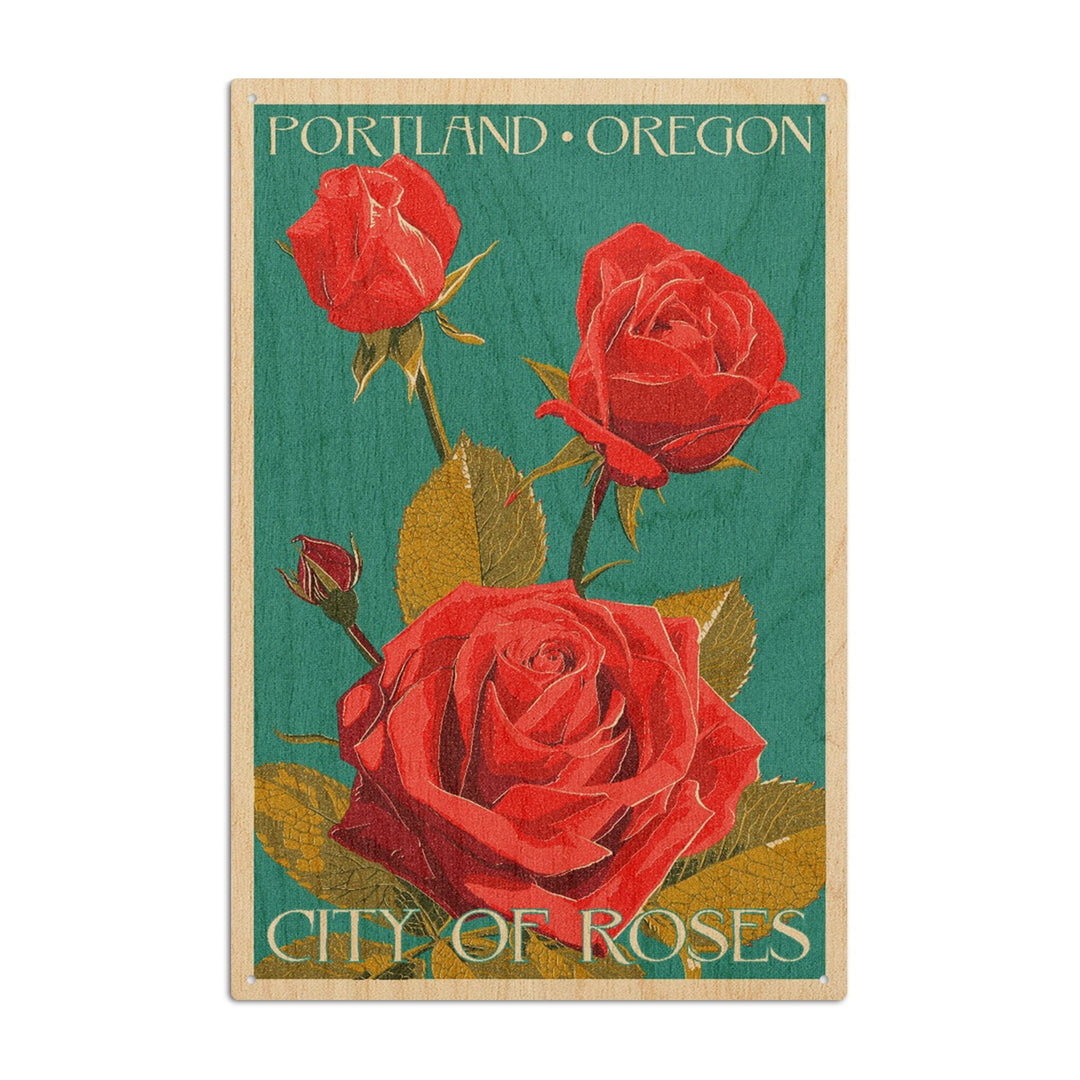 Portland, Oregon, City of Roses, Rose, Letterpress, Lantern Press Artwork, Wood Signs and Postcards Wood Lantern Press 10 x 15 Wood Sign 