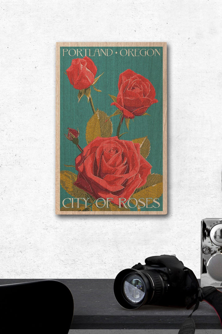 Portland, Oregon, City of Roses, Rose, Letterpress, Lantern Press Artwork, Wood Signs and Postcards Wood Lantern Press 12 x 18 Wood Gallery Print 