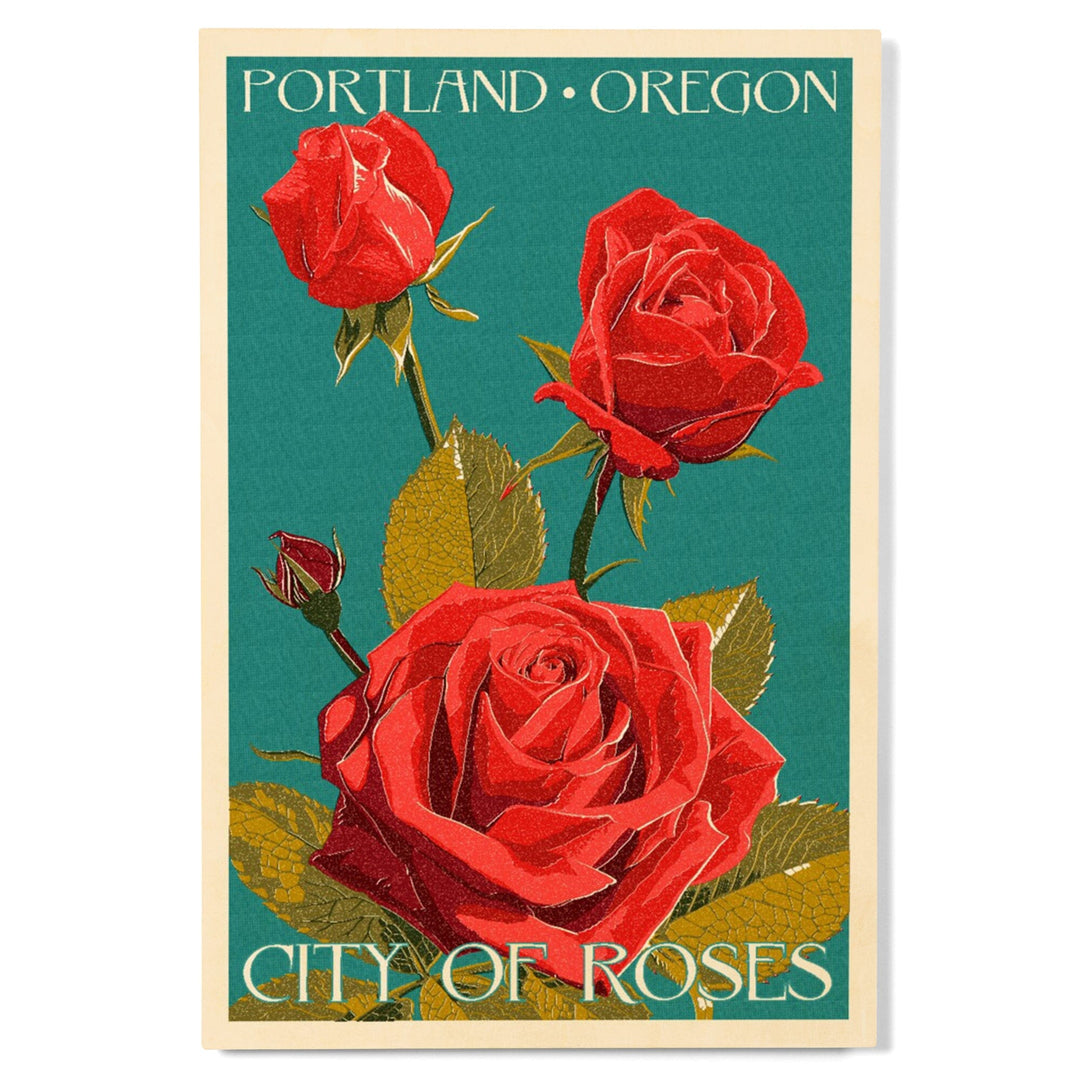 Portland, Oregon, City of Roses, Rose, Letterpress, Lantern Press Artwork, Wood Signs and Postcards Wood Lantern Press 