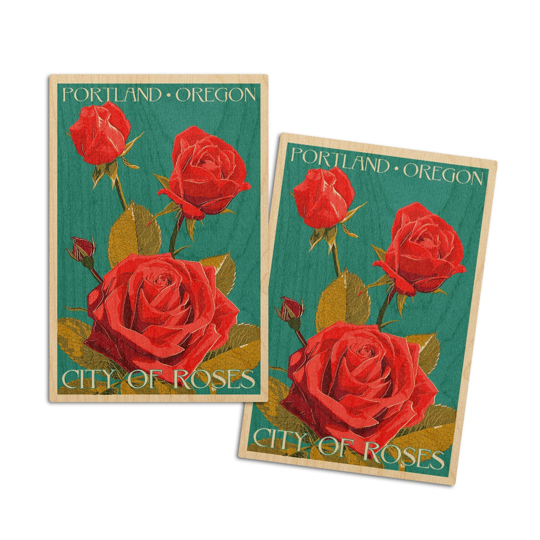 Portland, Oregon, City of Roses, Rose, Letterpress, Lantern Press Artwork, Wood Signs and Postcards Wood Lantern Press 4x6 Wood Postcard Set 