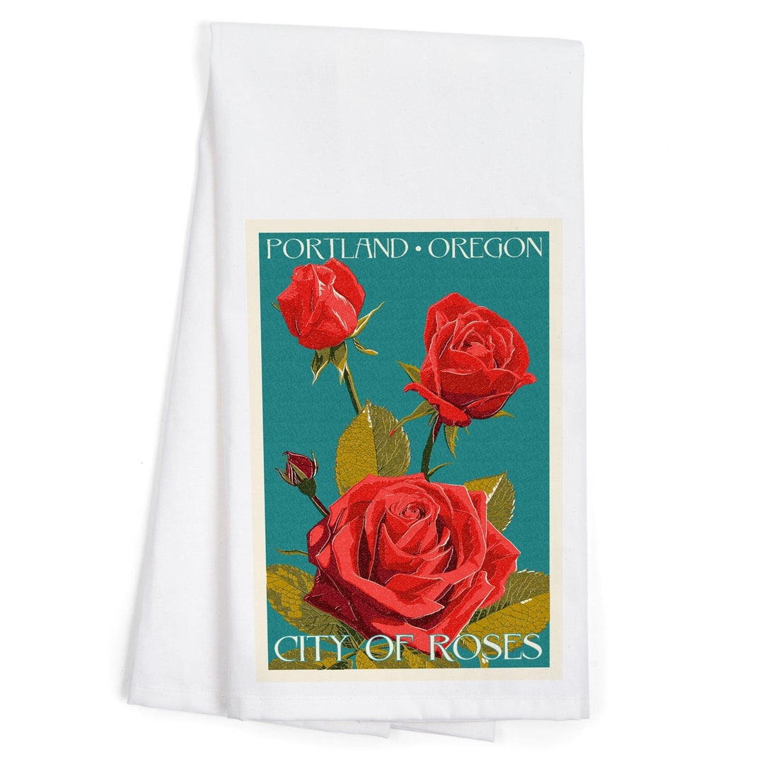 Portland, Oregon, City of Roses, Rose, Letterpress, Organic Cotton Kitchen Tea Towels Kitchen Lantern Press 