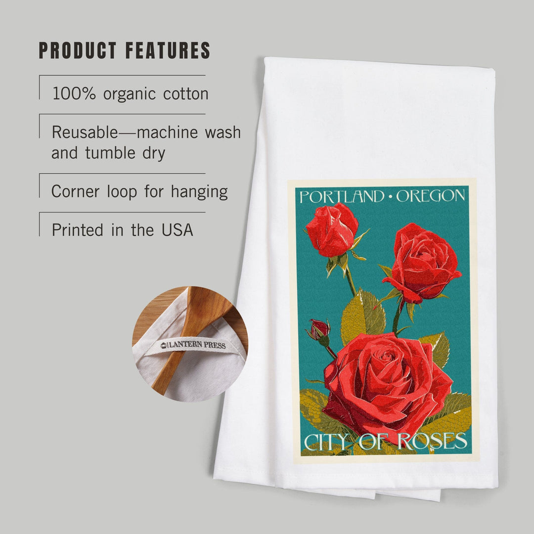 Portland, Oregon, City of Roses, Rose, Letterpress, Organic Cotton Kitchen Tea Towels Kitchen Lantern Press 