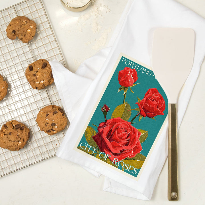 Portland, Oregon, City of Roses, Rose, Letterpress, Organic Cotton Kitchen Tea Towels Kitchen Lantern Press 