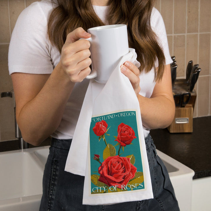 Portland, Oregon, City of Roses, Rose, Letterpress, Organic Cotton Kitchen Tea Towels Kitchen Lantern Press 