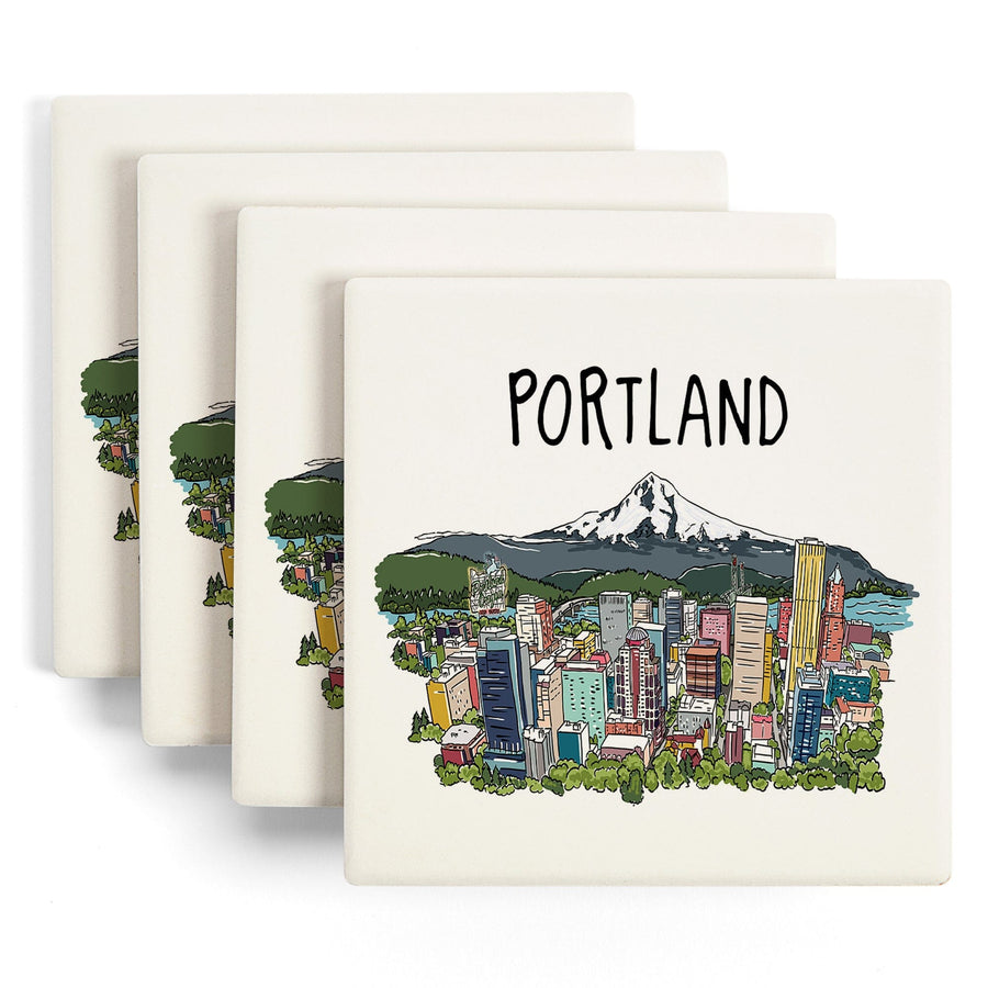 Portland, Oregon, Cityscape, Line Drawing, Lantern Press Artwork, Coaster Set Coasters Lantern Press 