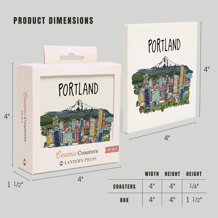 Portland, Oregon, Cityscape, Line Drawing, Lantern Press Artwork, Coaster Set Coasters Lantern Press 