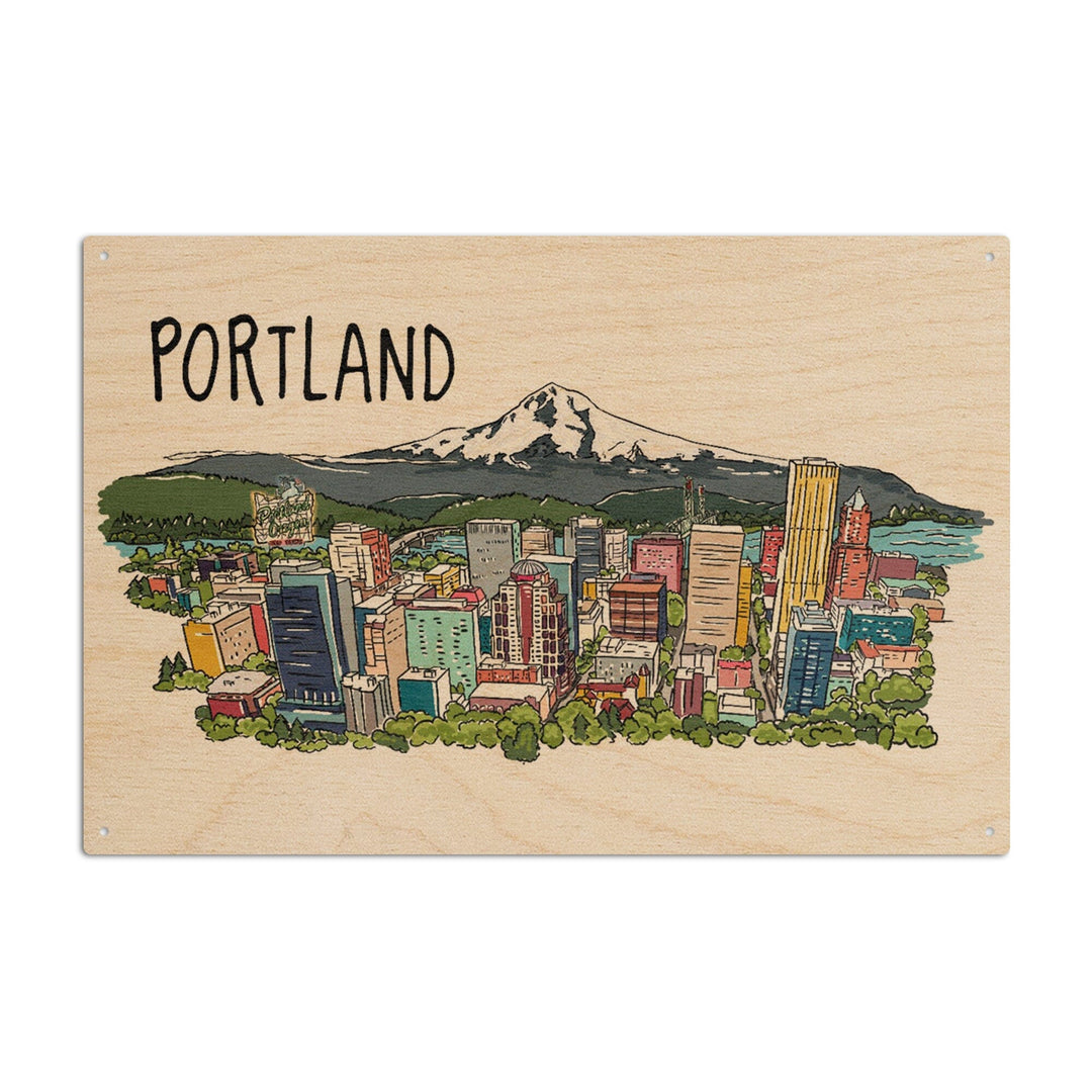 Portland, Oregon, Cityscape, Line Drawing, Lantern Press Artwork, Wood Signs and Postcards Wood Lantern Press 10 x 15 Wood Sign 