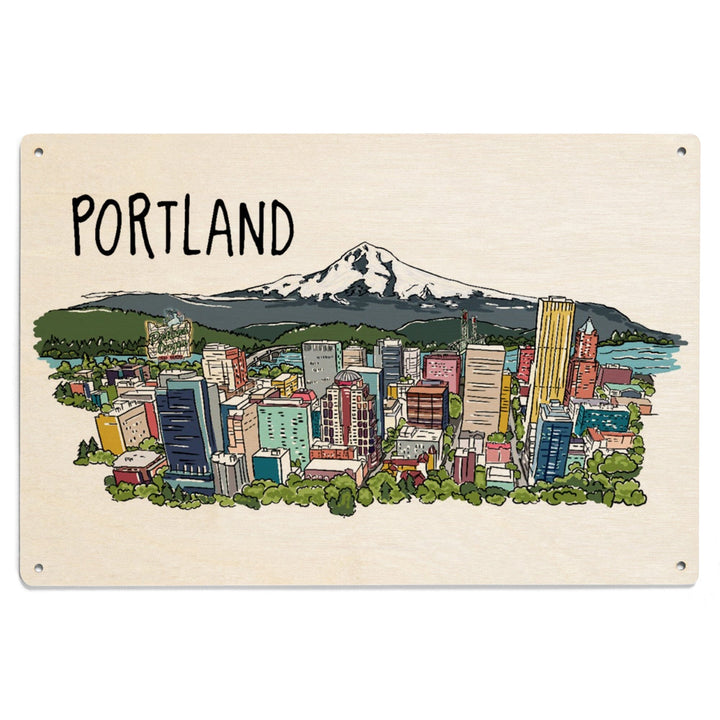 Portland, Oregon, Cityscape, Line Drawing, Lantern Press Artwork, Wood Signs and Postcards Wood Lantern Press 