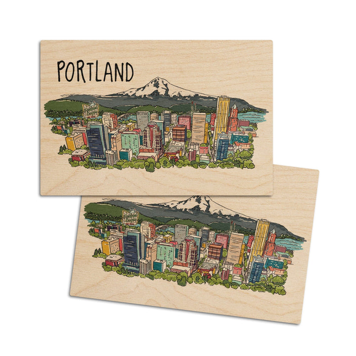 Portland, Oregon, Cityscape, Line Drawing, Lantern Press Artwork, Wood Signs and Postcards Wood Lantern Press 4x6 Wood Postcard Set 