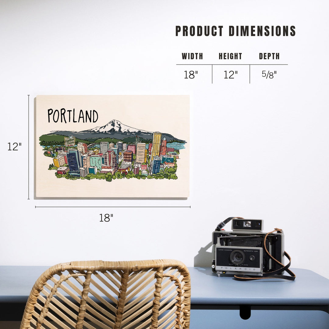 Portland, Oregon, Cityscape, Line Drawing, Lantern Press Artwork, Wood Signs and Postcards Wood Lantern Press 