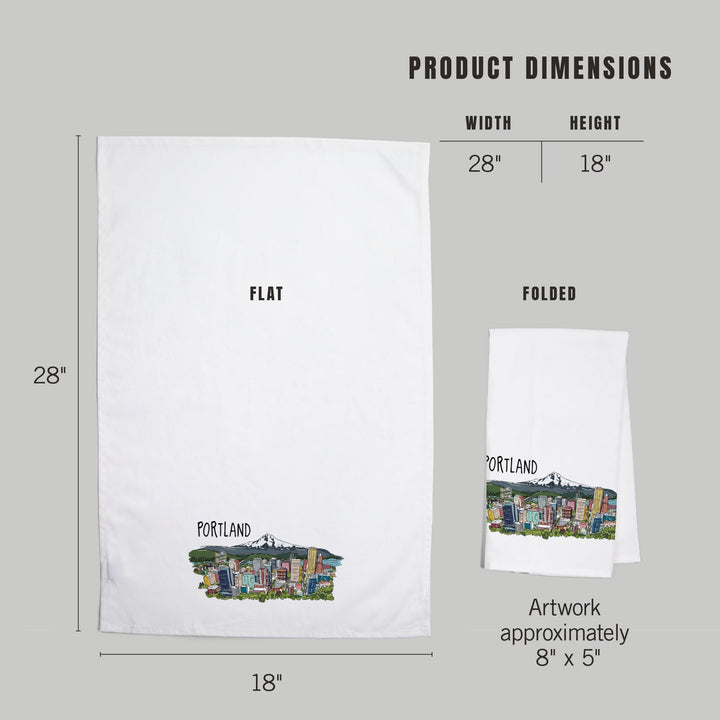 Portland, Oregon, Cityscape, Line Drawing, Organic Cotton Kitchen Tea Towels Kitchen Lantern Press 