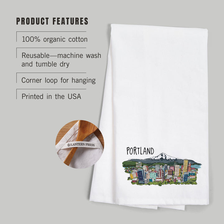 Portland, Oregon, Cityscape, Line Drawing, Organic Cotton Kitchen Tea Towels Kitchen Lantern Press 