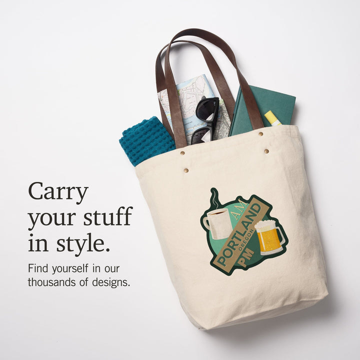 Portland, Oregon, Coffee AM Beer PM, Contour, Deluxe Tote Totes Lantern Press 