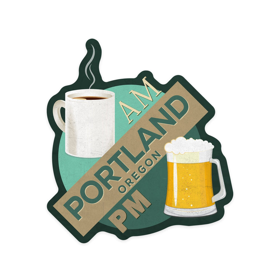Portland, Oregon, Coffee AM Beer PM, Contour, Vinyl Sticker Sticker Lantern Press 
