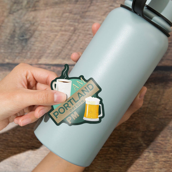 Portland, Oregon, Coffee AM Beer PM, Contour, Vinyl Sticker Sticker Lantern Press 