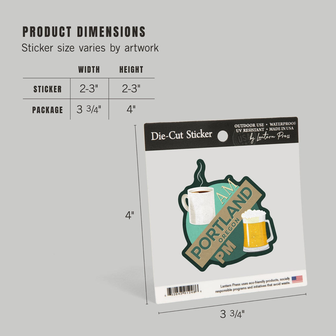 Portland, Oregon, Coffee AM Beer PM, Contour, Vinyl Sticker Sticker Lantern Press 