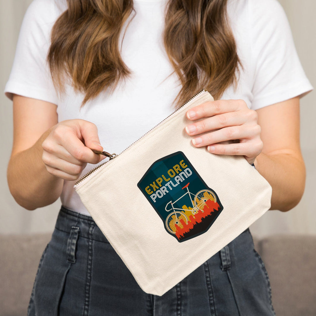 Portland, Oregon, Explore Portland, Bike, Screenprint Style,, Organic Cotton Zipper Pouch, Go Bag Go Bag Lantern Press 
