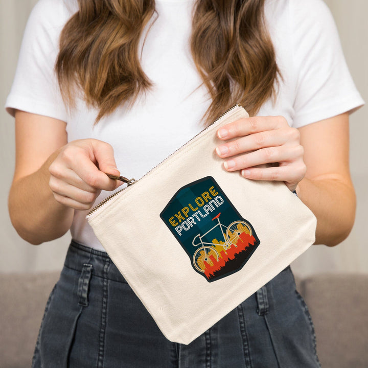 Portland, Oregon, Explore Portland, Bike, Screenprint Style,, Organic Cotton Zipper Pouch, Go Bag Go Bag Lantern Press 
