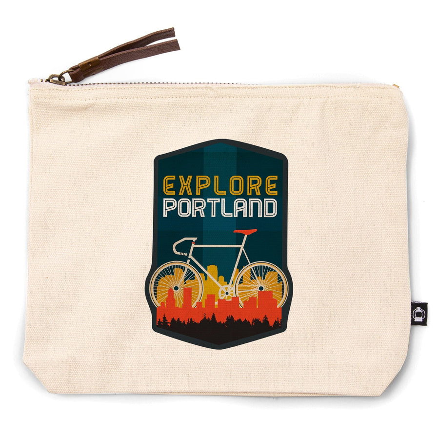 Portland, Oregon, Explore Portland, Bike, Screenprint Style,, Organic Cotton Zipper Pouch, Go Bag Go Bag Lantern Press 