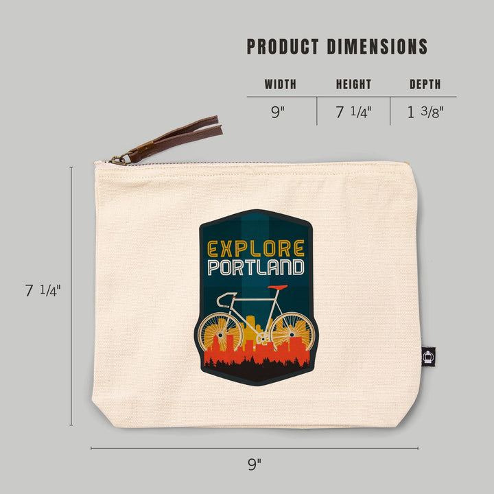 Portland, Oregon, Explore Portland, Bike, Screenprint Style,, Organic Cotton Zipper Pouch, Go Bag Go Bag Lantern Press 