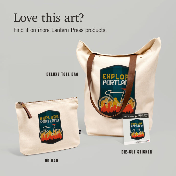 Portland, Oregon, Explore Portland, Bike, Screenprint Style,, Organic Cotton Zipper Pouch, Go Bag Go Bag Lantern Press 