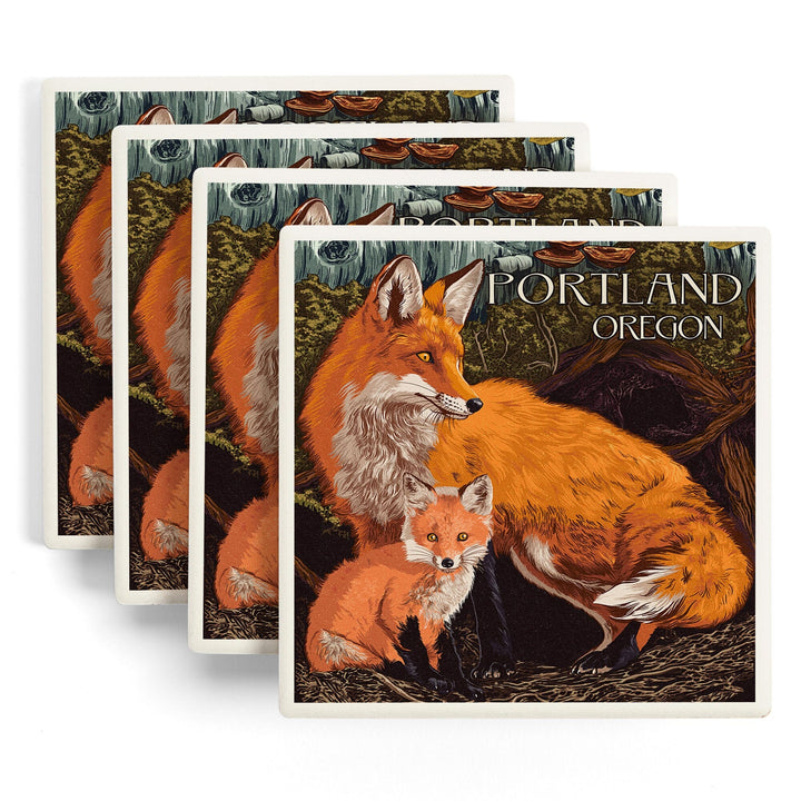 Portland, Oregon, Fox & Kit, Letterpress, Lantern Press Artwork, Coaster Set Coasters Lantern Press 