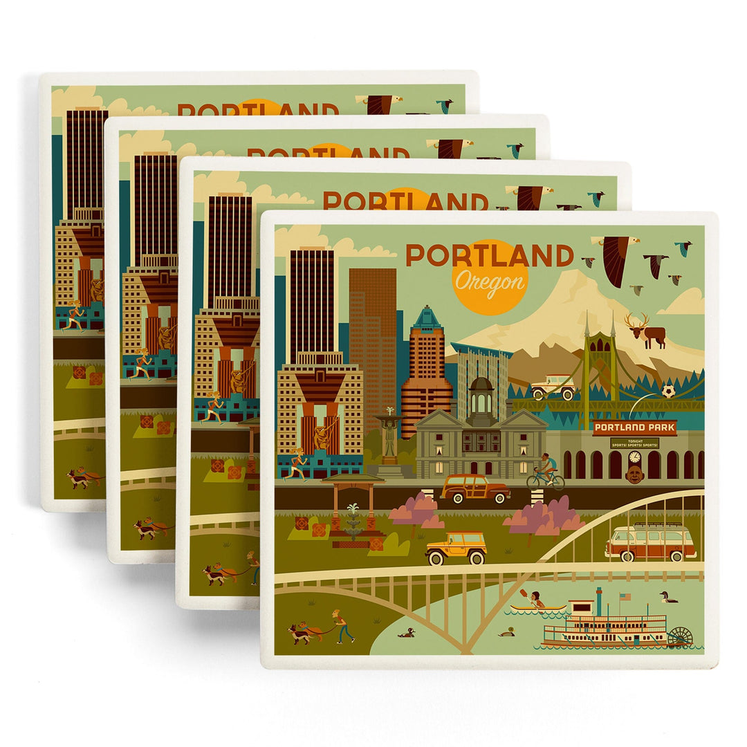 Portland, Oregon, Geometric, Lantern Press Artwork, Coaster Set Coasters Lantern Press 