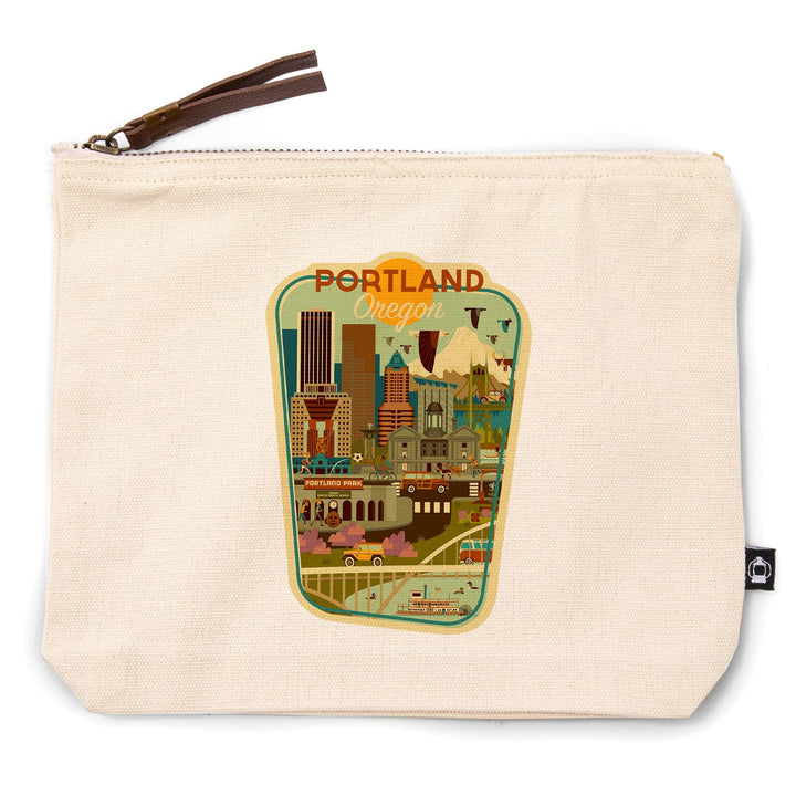 Portland, Oregon, Geometric,, Organic Cotton Zipper Pouch, Go Bag Go Bag Lantern Press 