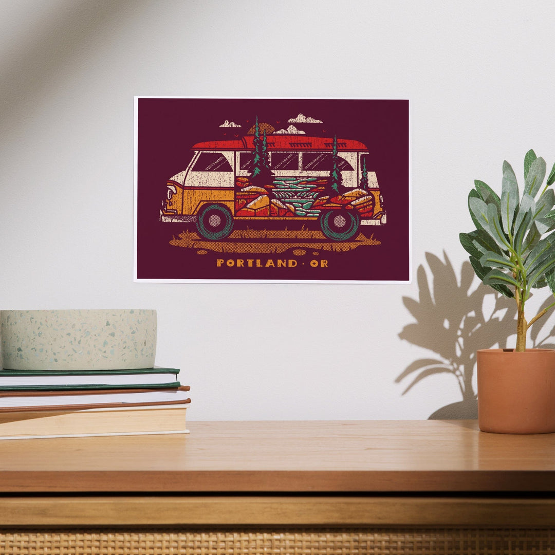 Portland, Oregon, LP Camper Van, Distressed Vector, Art & Giclee Prints Art Lantern Press 