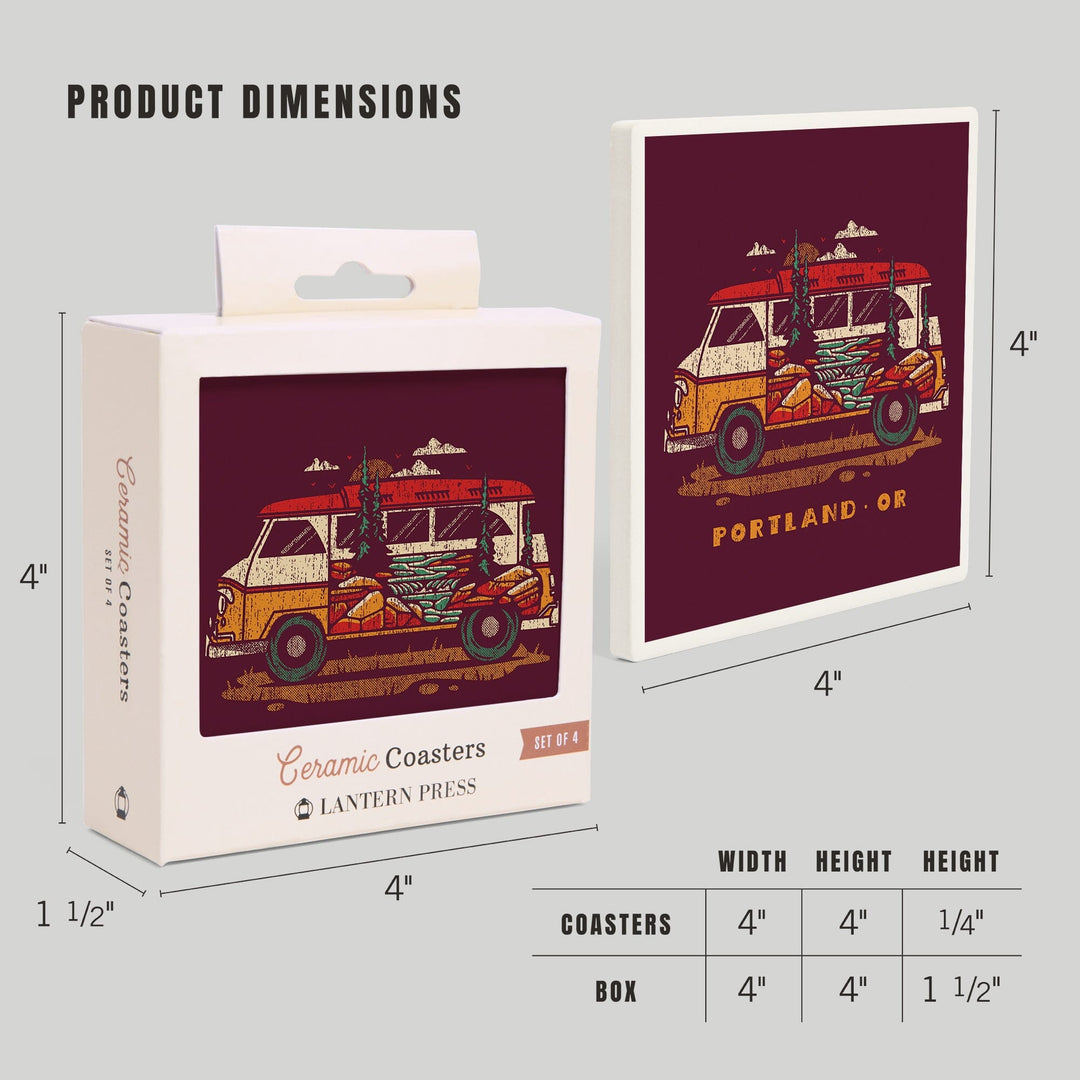 Portland, Oregon, LP Camper Van, Distressed Vector, Lantern Press Artwork, Coaster Set Coasters Lantern Press 