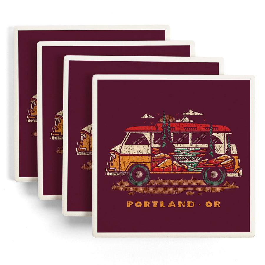 Portland, Oregon, LP Camper Van, Distressed Vector, Lantern Press Artwork, Coaster Set Coasters Lantern Press 